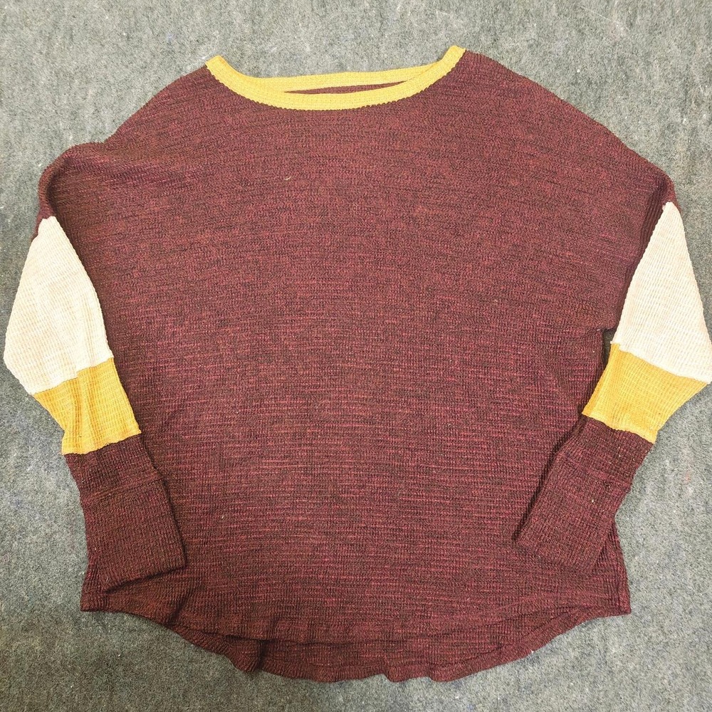 SO Goods For Life Womens 2X Burgundy Colorblock Waffle Knit Thermal Top Pullover
